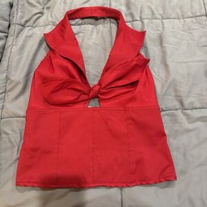 Veronique Young for W Collection Red Halter Top Size 8 Y2K Front Bow USA